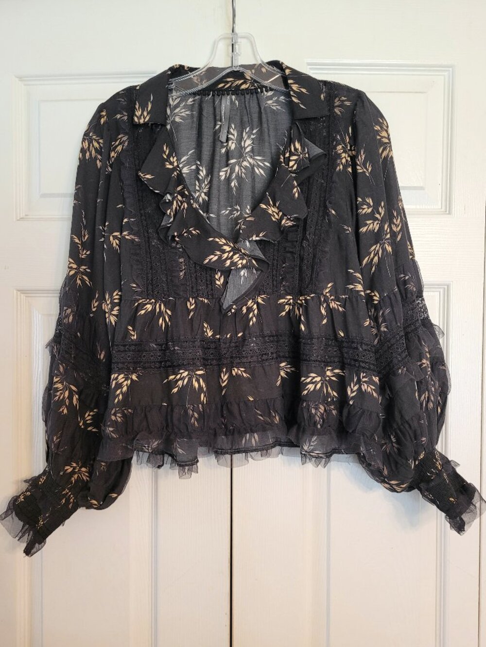 Anthropologie Black Motif V-Neck Ruffle Lace Detail Blouse - Picture 5 of 11